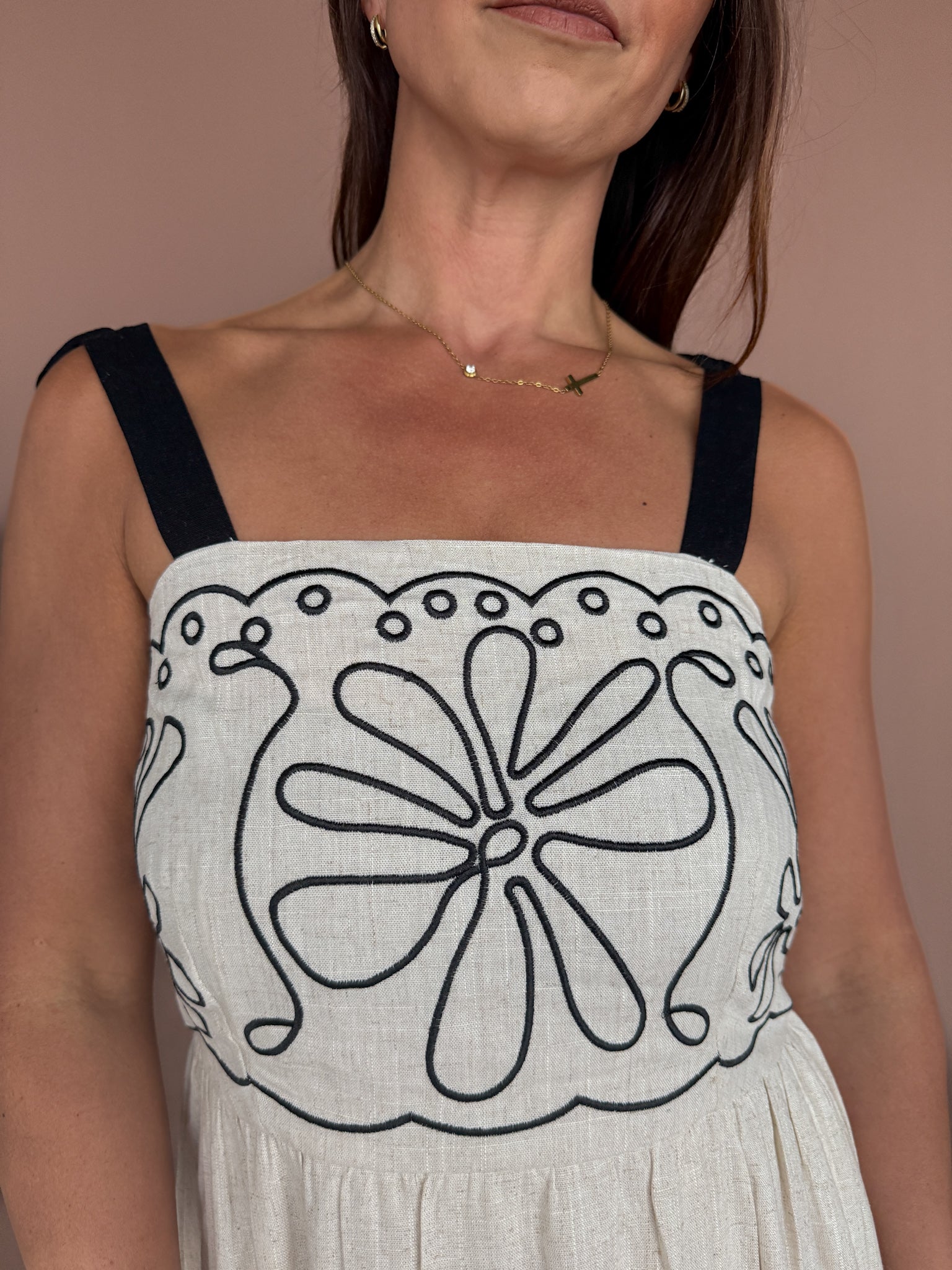 Embroidery Detail Midi Dress- Oatmeal - Ana Patricia Boutique