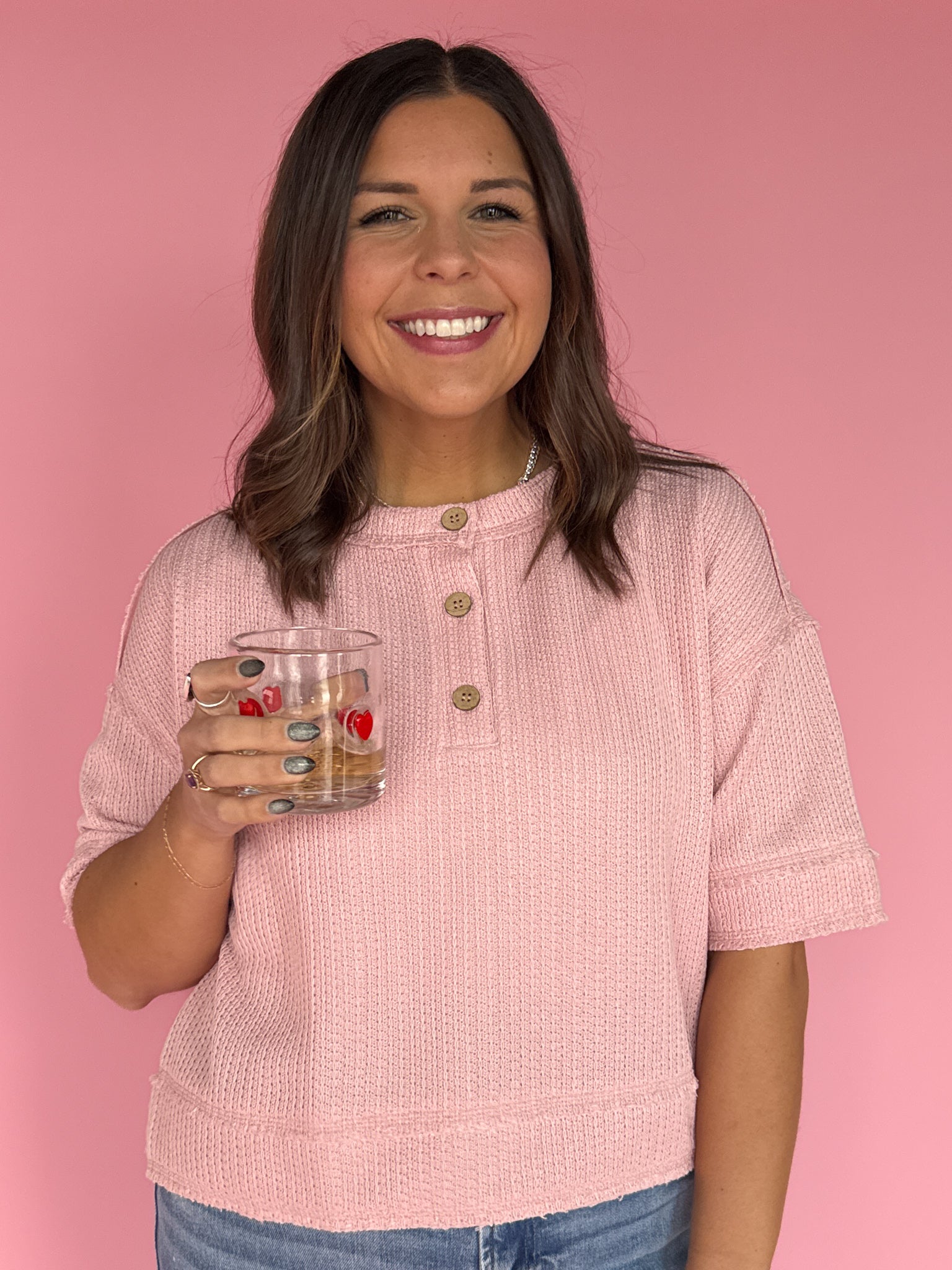 Henley Waffleknit Top- Pink - Ana Patricia Boutique