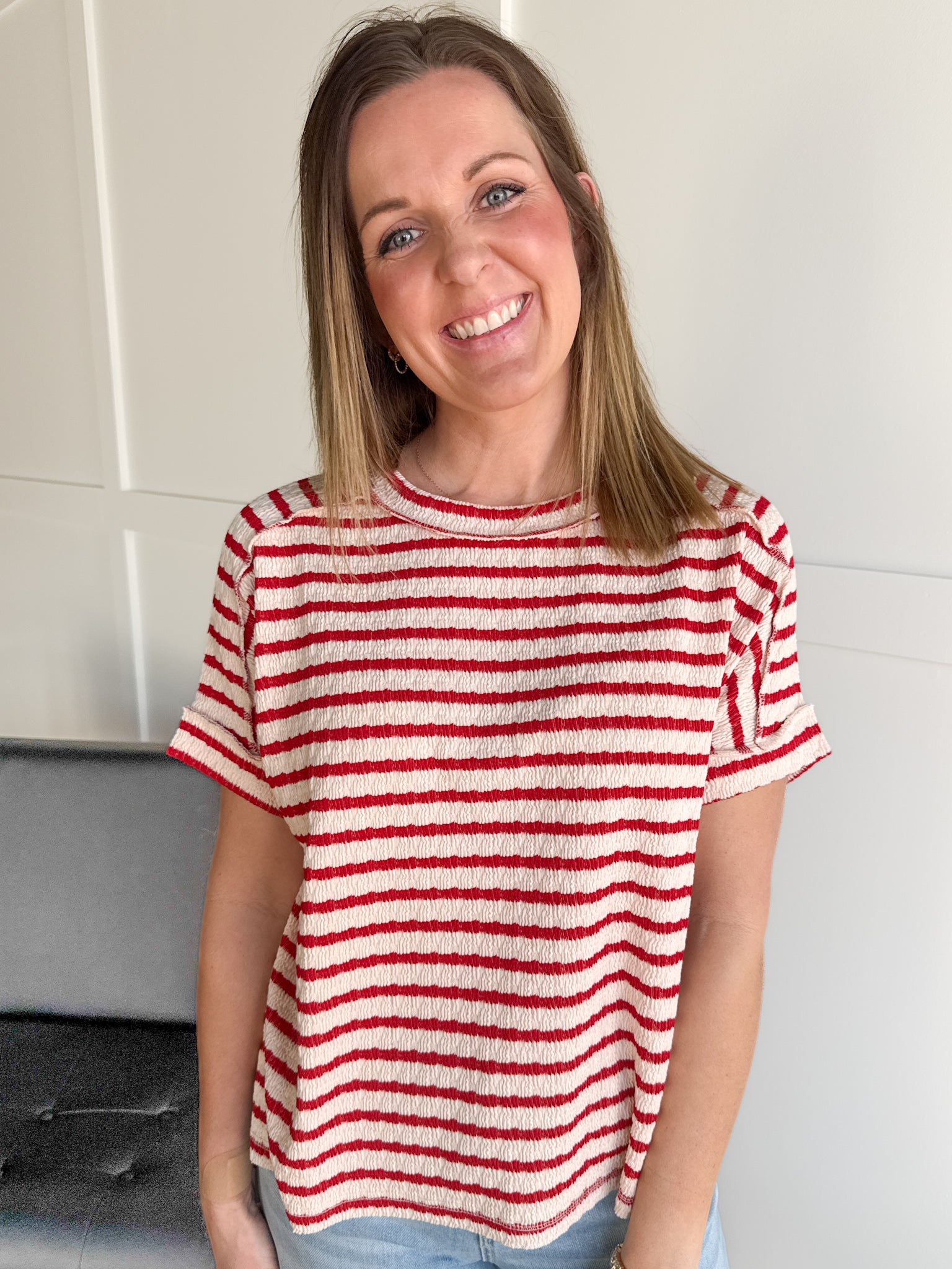 Striped Hi Lo Short Sleeve Top- Red - Ana Patricia Boutique