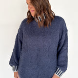 Mock Neck Stitched Sweater- Navy