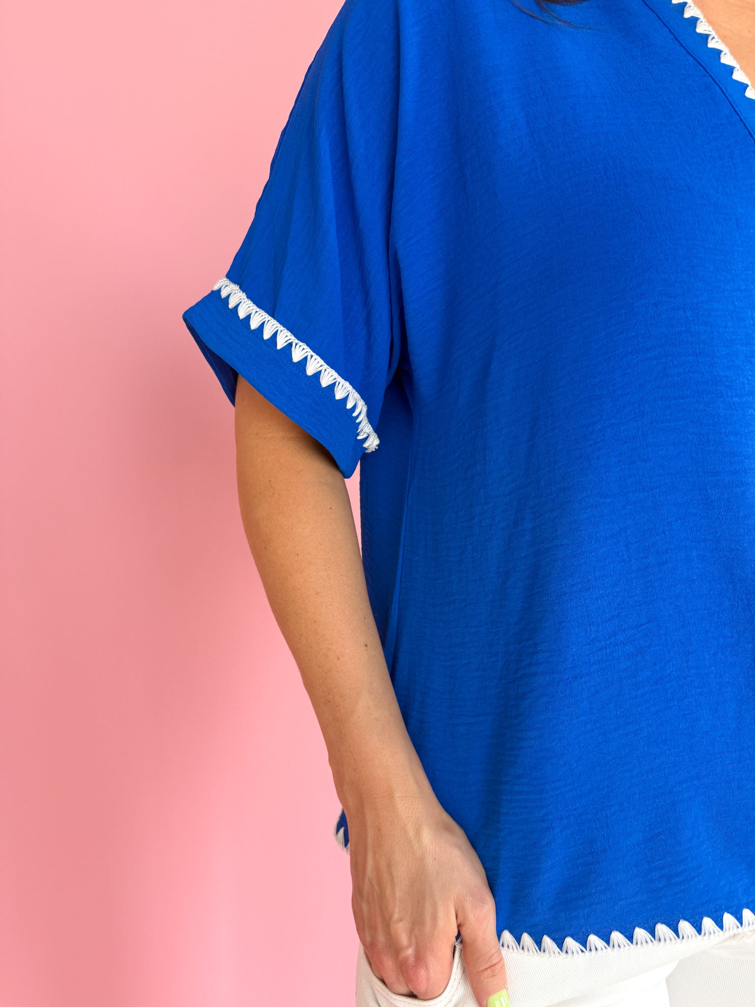 Scallop Embroidery Collared Top- Blue - Ana Patricia Boutique