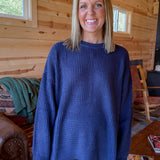 Round Neck Waffleknit Sweater- Navy