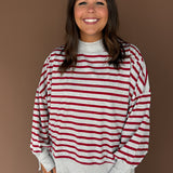 Striped Mock Neck Sweatshirt- H.Grey/Red
