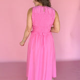 Smocked Bodice Midi Dress- Pink - Ana Patricia Boutique