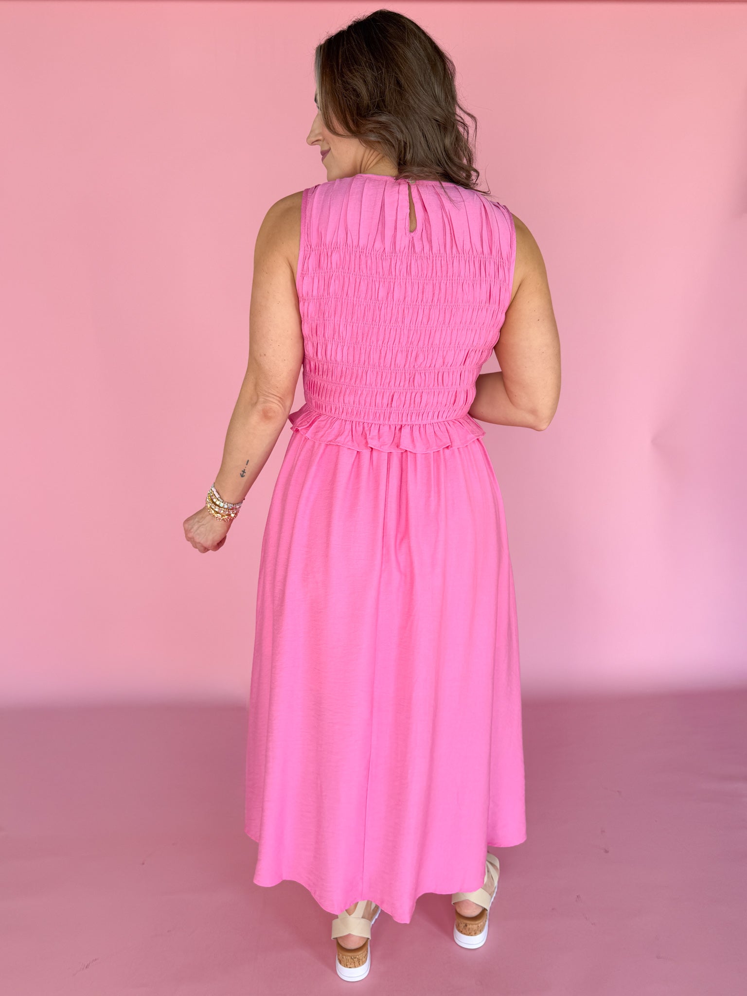 Smocked Bodice Midi Dress- Pink - Ana Patricia Boutique