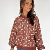 Floral Jacquard Pullover- Brown