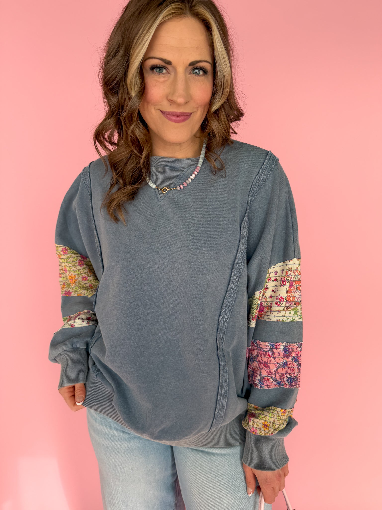 Quilted Sleeve Pullover - Blue - Ana Patricia Boutique