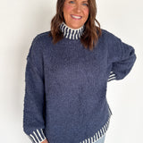 Mock Neck Stitched Sweater- Navy