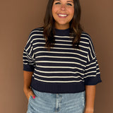 Raw Edge Short Sleeve Sweater- Navy