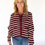 Collared Button Down Sweater- Wine/Ivory
