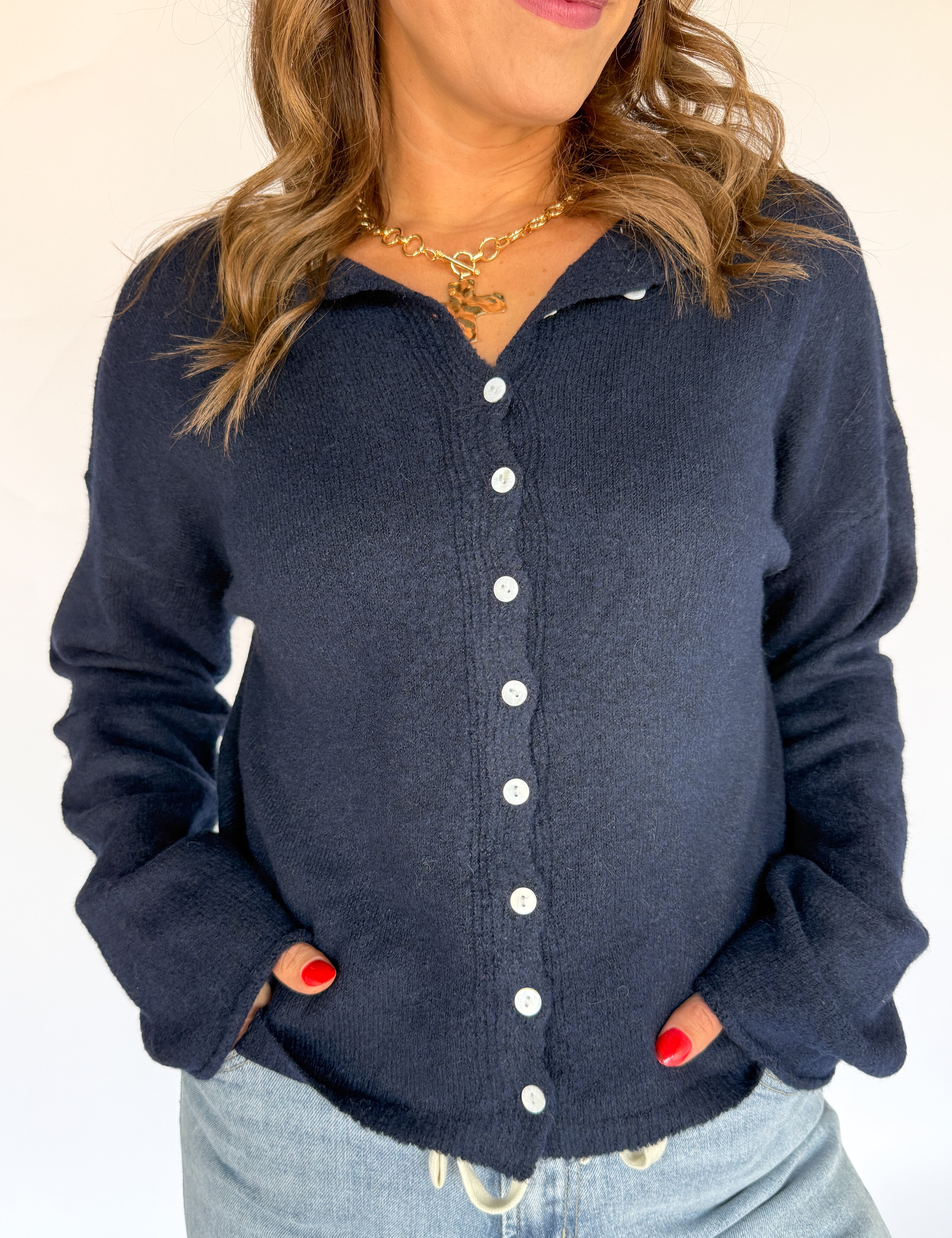 Classic Button Cardigan Top- Navy - Ana Patricia Boutique