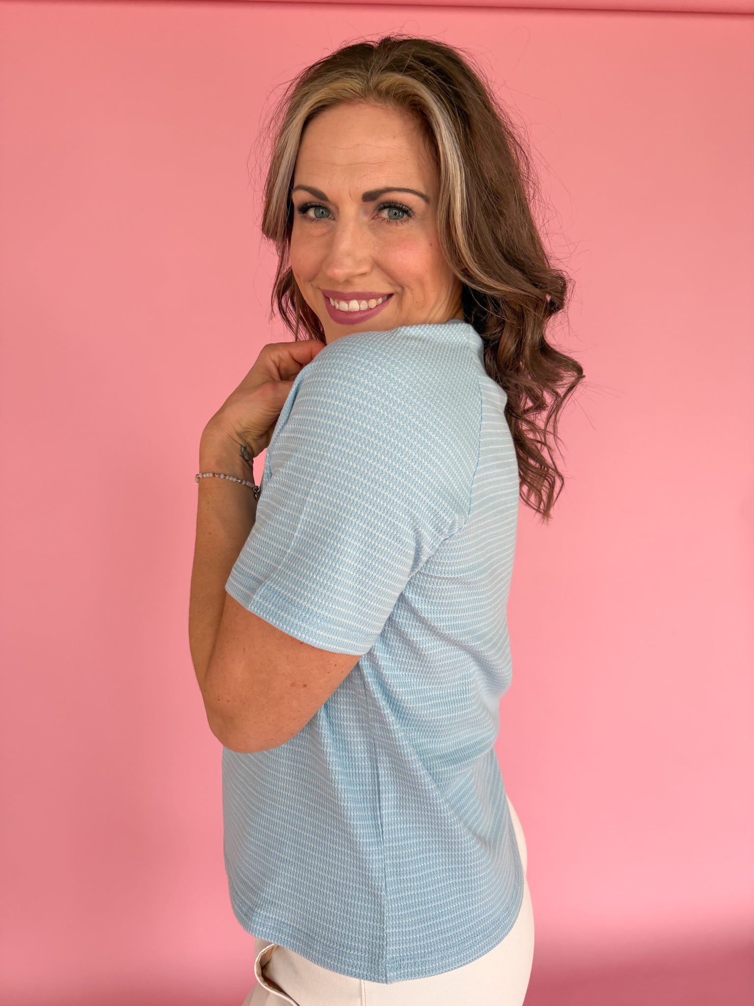 Textured Stripe Tee- Blue - Ana Patricia Boutique