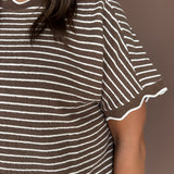 Scallop Trim Stripe Knit Top-Mocha