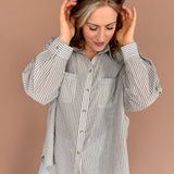 Oversized Stripe Button Up Top- Black