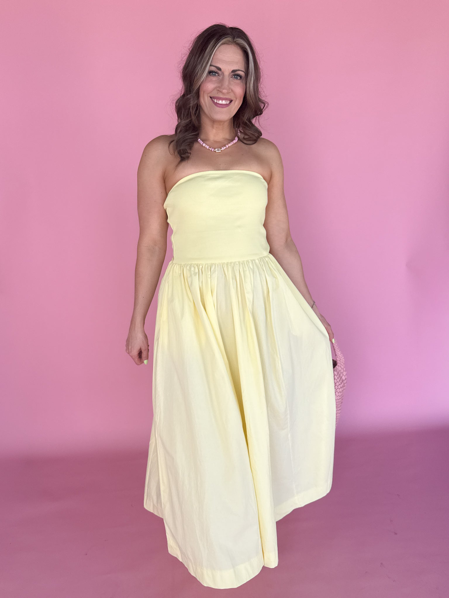 Strapless Midi Dress-Yellow - Ana Patricia Boutique