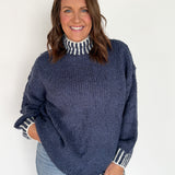 Mock Neck Stitched Sweater- Navy