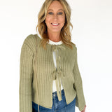 Knit Bow Cardigan Sweater- Olive
