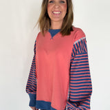 Stripe Sleeve Top- Coral/Navy