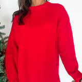 Round Neck Waffleknit Sweater- Red - Ana Patricia Boutique