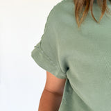 Half Button Mineral Wash Tee- Olive