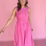 Smocked Bodice Midi Dress- Pink - Ana Patricia Boutique