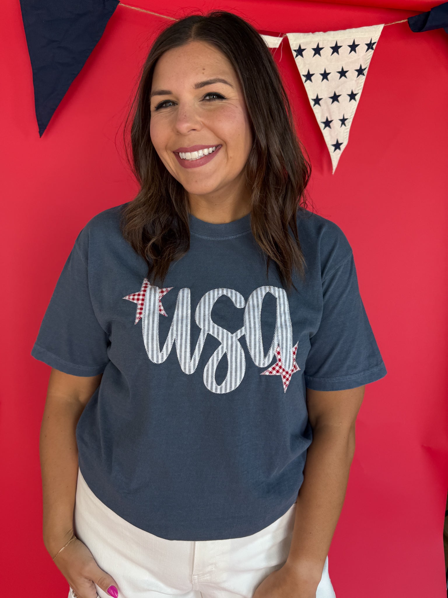 USA Embroidery Tee- Navy - Ana Patricia Boutique