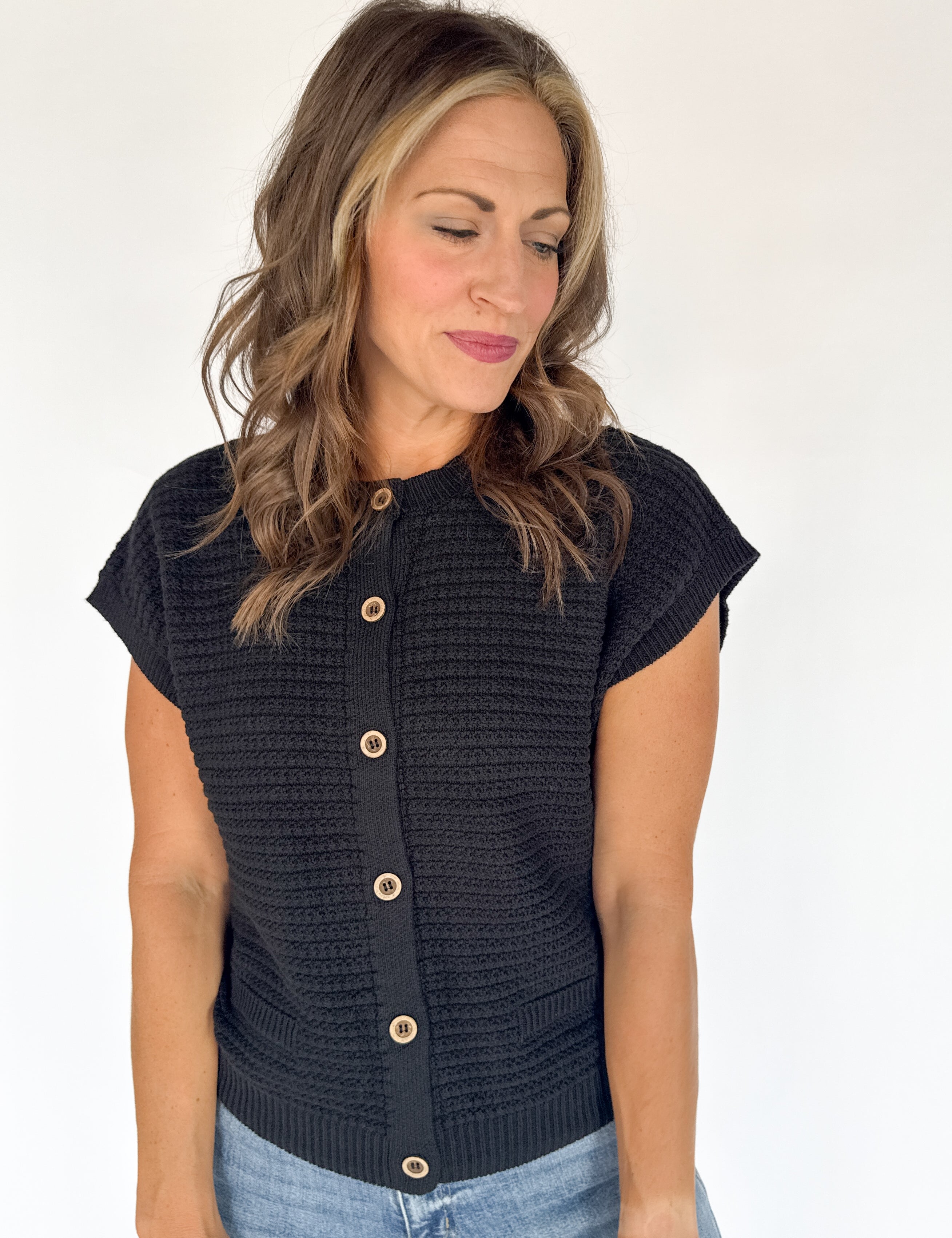 Button Down Cardigan Top- Black - Ana Patricia Boutique