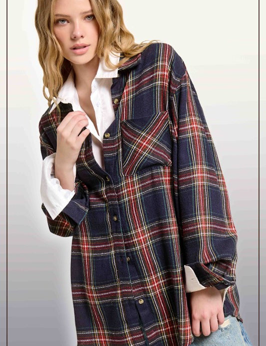 Plaid Button Up Shirt- Navy - Ana Patricia Boutique