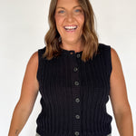 Crewneck Button Down Sweater Top- Black - Ana Patricia Boutique