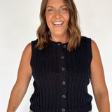 Crewneck Button Down Sweater Top- Black - Ana Patricia Boutique