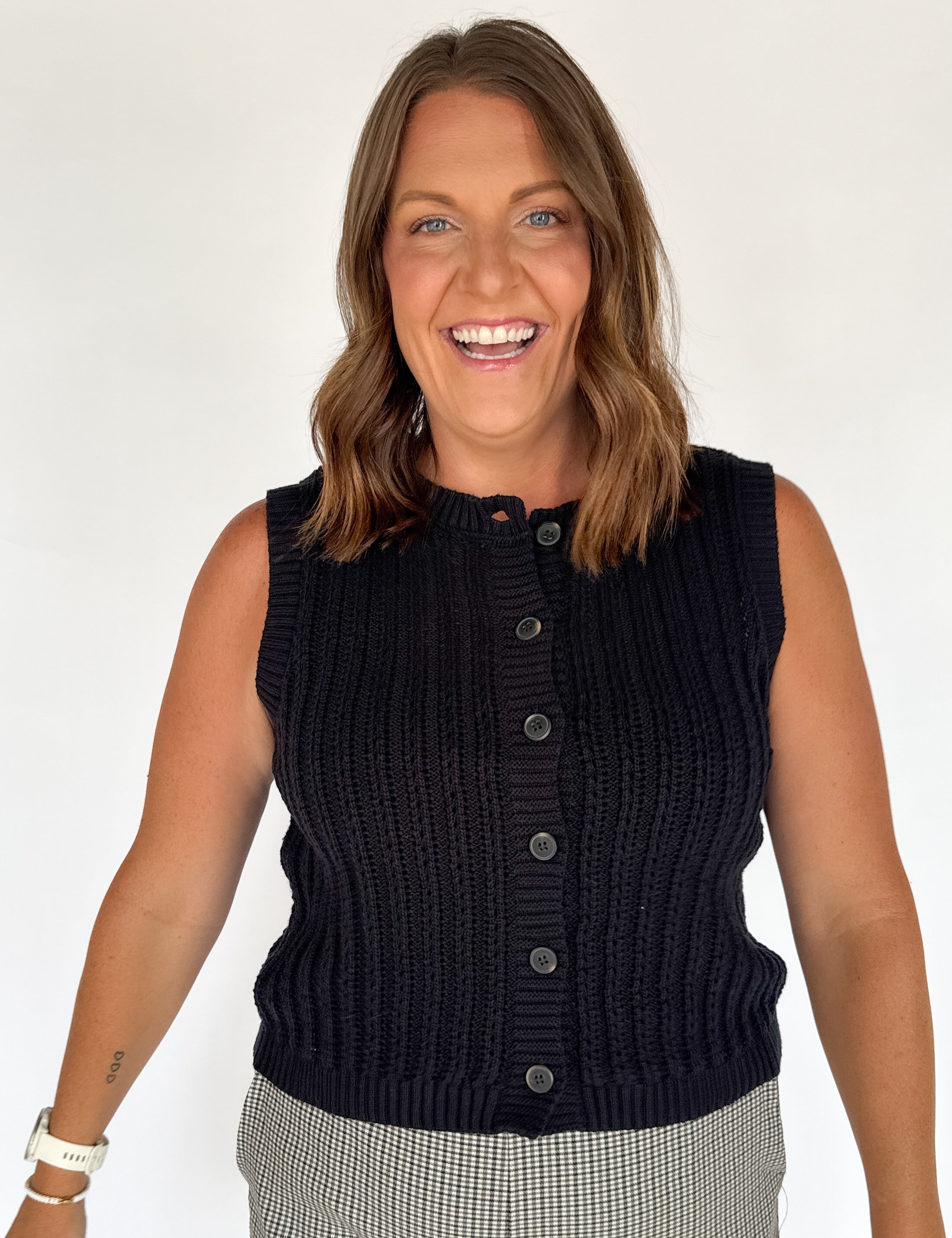 Crewneck Button Down Sweater Top- Black - Ana Patricia Boutique