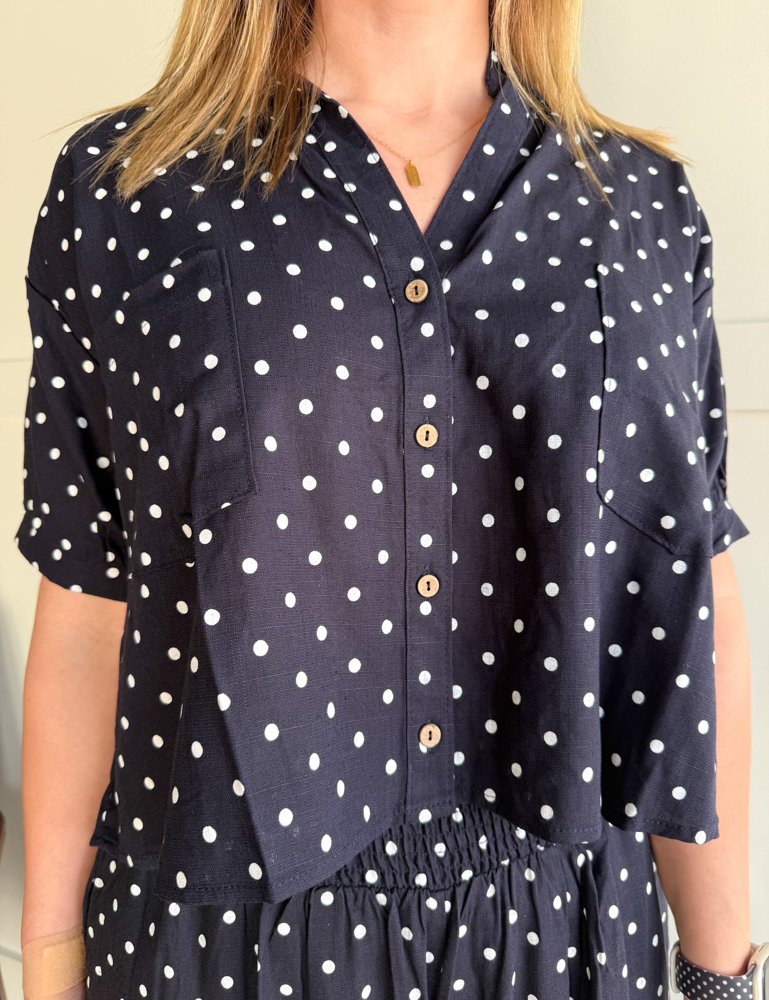 Polka Dot Button Up Top-Navy - Ana Patricia Boutique