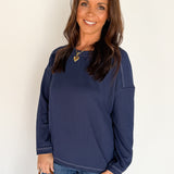 Ribbed Crewneck Top- Navy