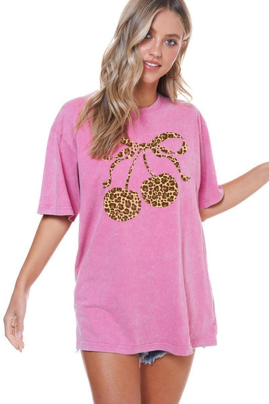 Leopard Cherry Tee- Pink