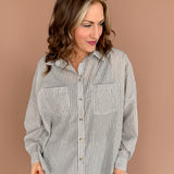 Oversized Stripe Button Up Top- Black