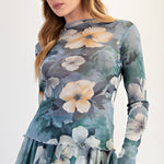 Mesh Floral Top- Blue - Ana Patricia Boutique