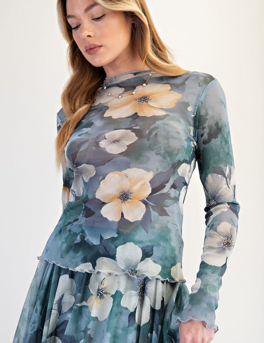 Mesh Floral Top- Blue - Ana Patricia Boutique