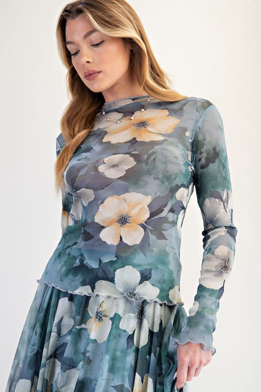 Mesh Floral Top- Blue - Ana Patricia Boutique