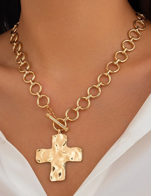 Hammered Cross Toggle Necklace- Gold - Ana Patricia Boutique