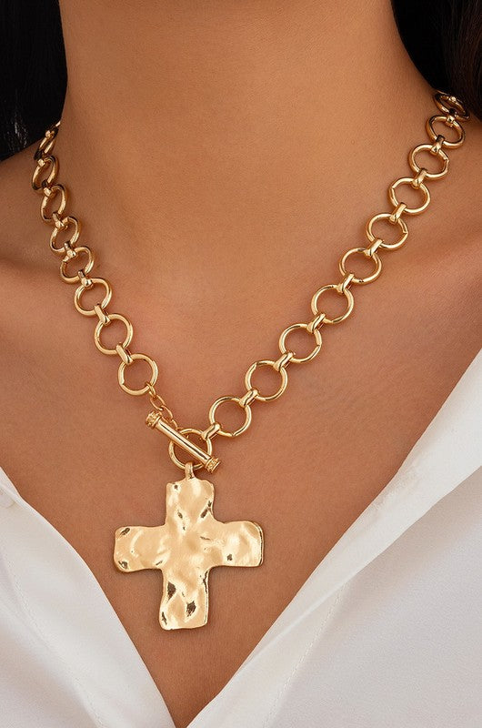 Hammered Cross Toggle Necklace- Gold - Ana Patricia Boutique
