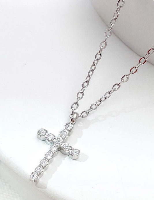 Rhinestone Cross Necklace- Silver - Ana Patricia Boutique