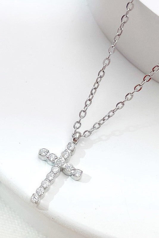 Rhinestone Cross Necklace- Silver - Ana Patricia Boutique