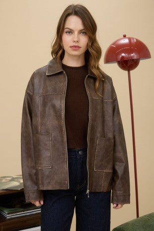 Faux Leather Jacket- Brown - Ana Patricia Boutique