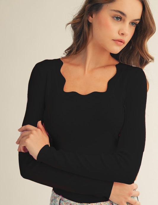 Scalloped Square Neck Top- Black - Ana Patricia Boutique