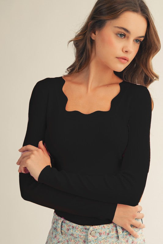 Scalloped Square Neck Top- Black - Ana Patricia Boutique