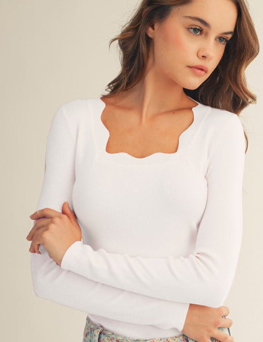 Scalloped Square Neck Top- White - Ana Patricia Boutique