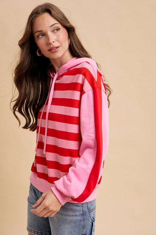 Stripe French Terry Hoodie- Pink/Red - Ana Patricia Boutique