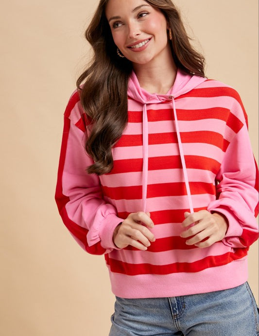Stripe French Terry Hoodie- Pink/Red - Ana Patricia Boutique