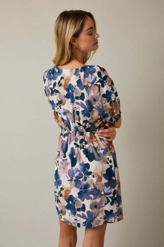 Front Tie Floral Mini Dress- Blue/Tan - Ana Patricia Boutique