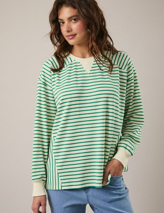 Stripe Crewneck Thermal Top- Green - Ana Patricia Boutique